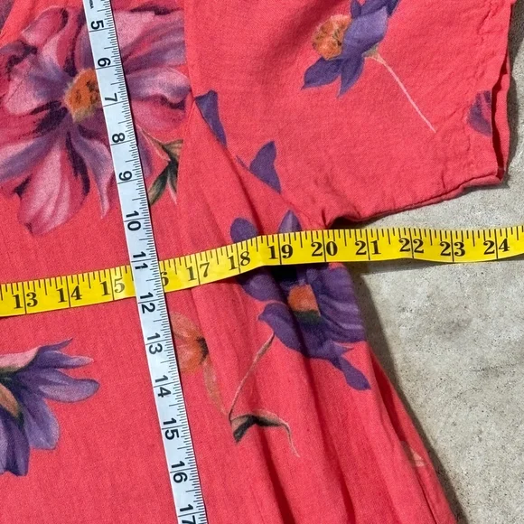 Bella Amore Linen Dress Women’s Medium Orange Red Purple Pockets Floral V-Neck - Picture 9 of 13